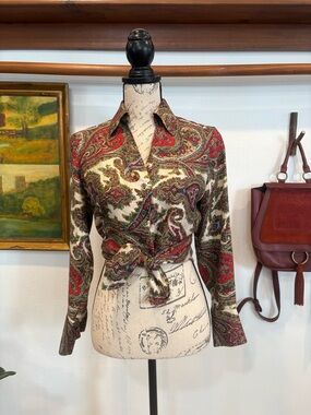 Vintage 100% Silk Paisley Button-Up Blouse Petite Boho Chic Size 4